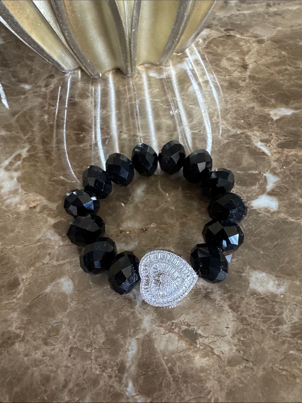 Black Faceted Bead Bracelet with Silver Heart Accent